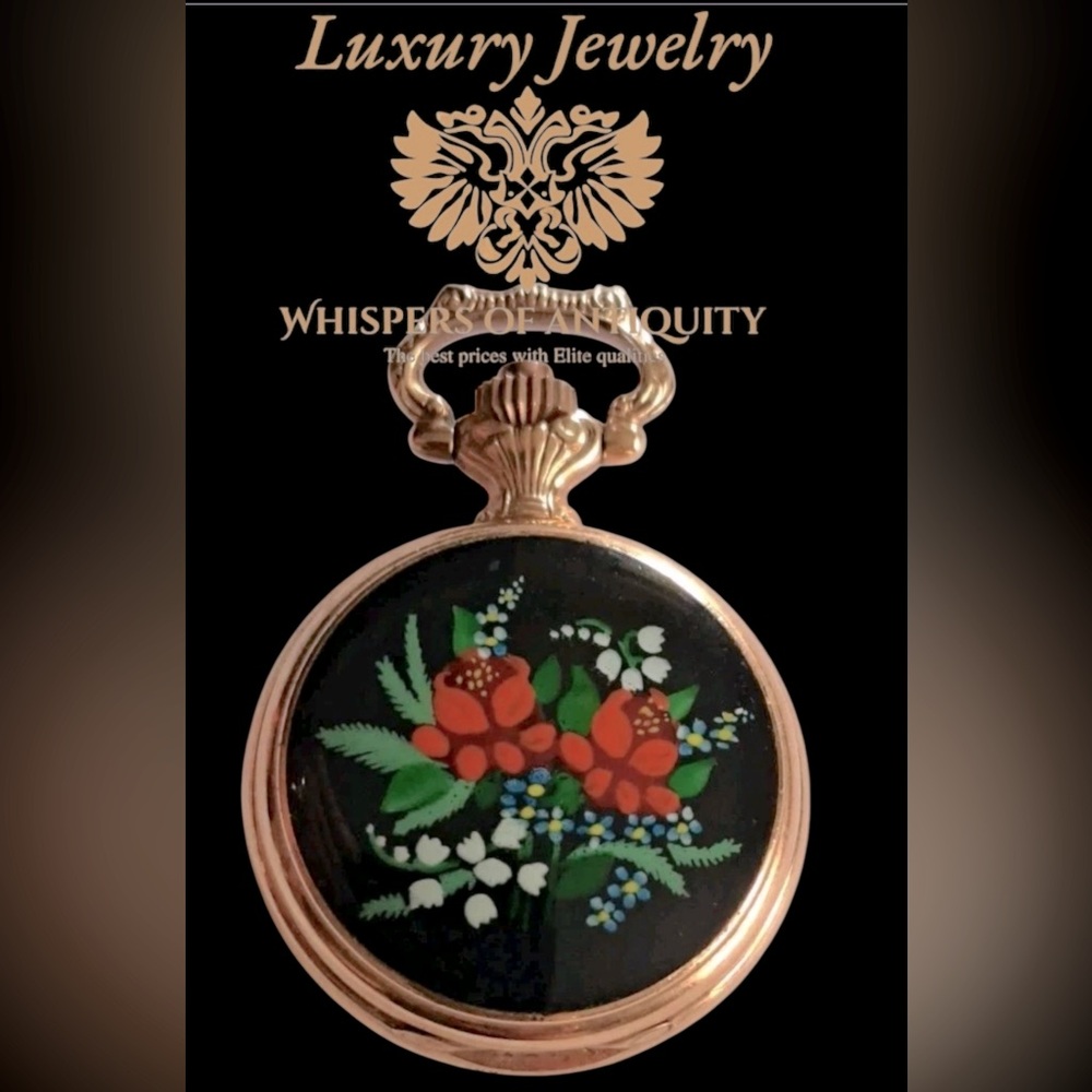 Vintage France Gold Tone Colibri pocket watch 17 jewel Very Small Floral Enamel